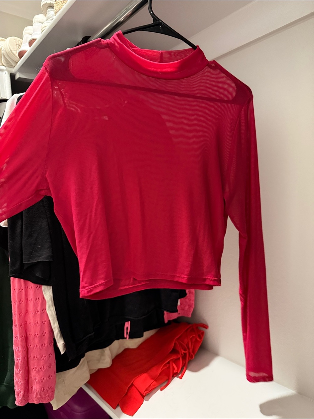 Sheer Long-Sleeve Crop Top - Hot Pink